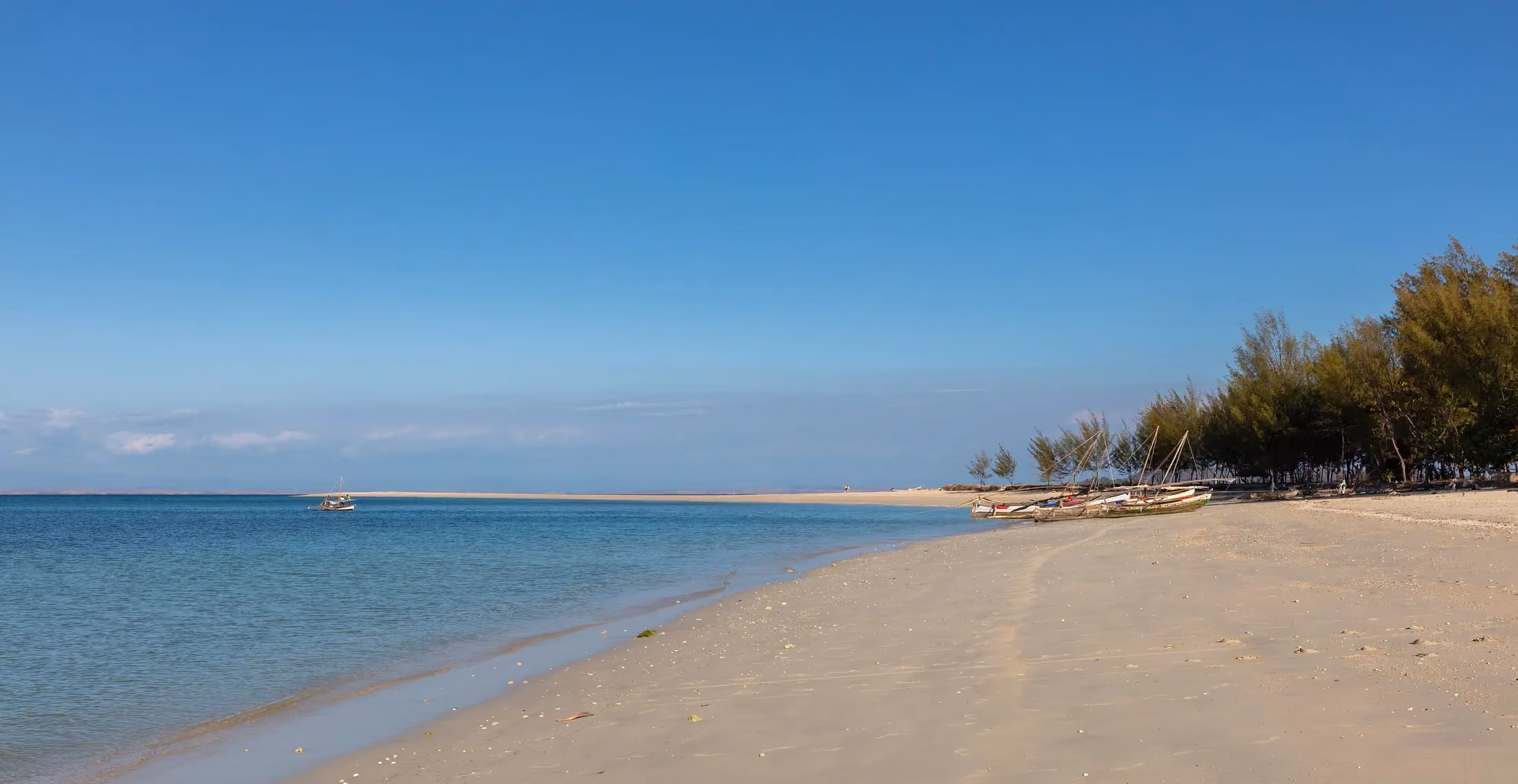 Tropical shoreline of Nosy Be framed by vegetation